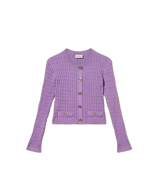TWINSET PERIWINKLE CABLE KNIT CROPPED BUTTON CARDIGAN