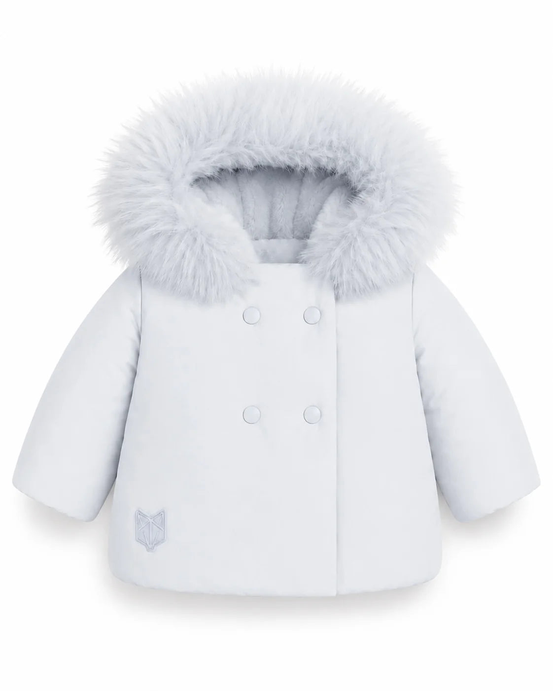 SCOTCH BONNET LIGHT BLUE FUR TRIM DOUBLE BREASTED PUFFER COAT