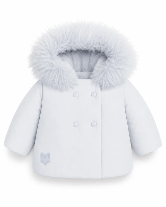 SCOTCH BONNET LIGHT BLUE FUR TRIM DOUBLE BREASTED PUFFER COAT