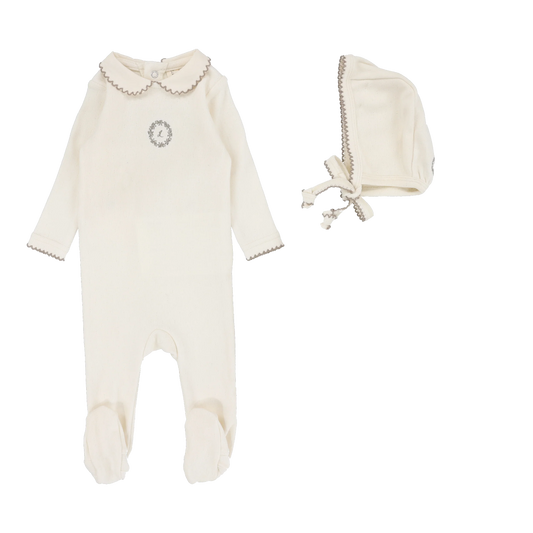 LILETTE CREAM/TAN EMBLEM EMBROIDERED FOOTIE SET