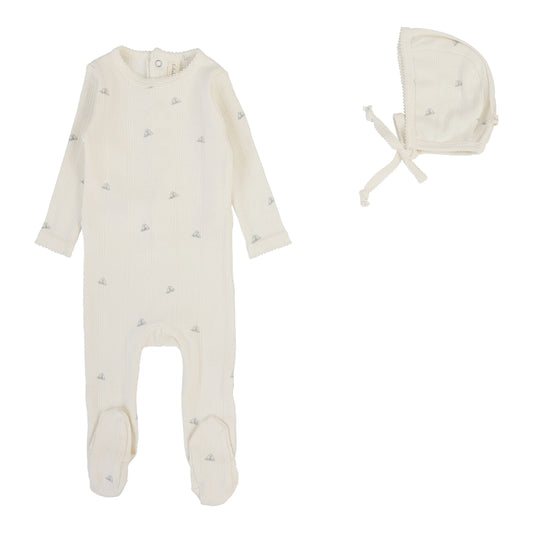 LILETTE CREAM/BLUE POINTELLE CROWN PRINT FOOTIE SET