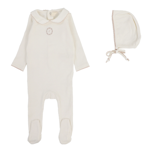 LILETTE CREAM/PINK EMBLEM EMBROIDERED FOOTIE SET