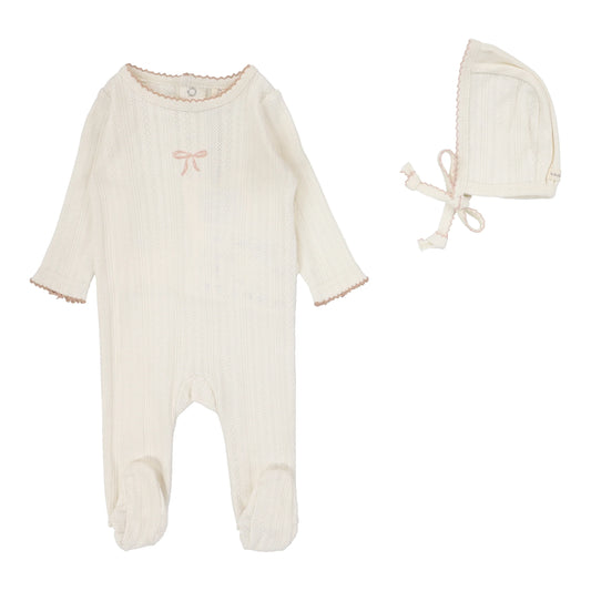 LILETTE CREAM/PINK POINTELLE BOW FOOTIE SET