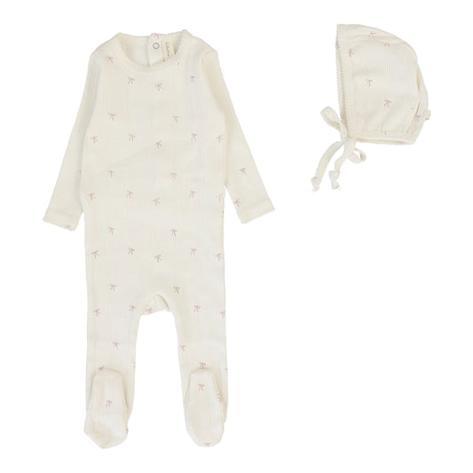 LILETTE CREAM/PINK POINTELLE BOW PRINT FOOTIE SET