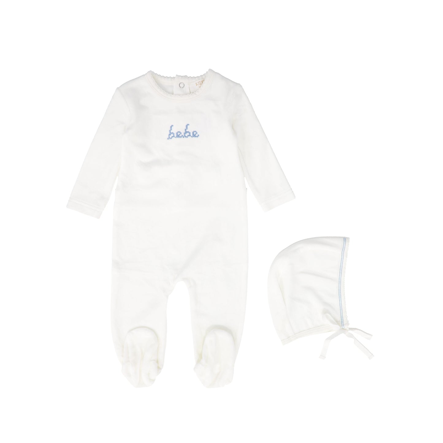 KIPP WHITE/BLUE VELOUR BEBE WORDED FOOTIE SET