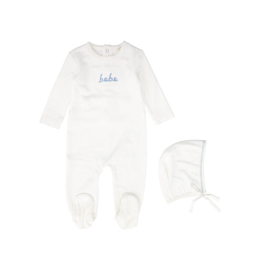 KIPP WHITE/BLUE VELOUR BEBE WORDED FOOTIE SET