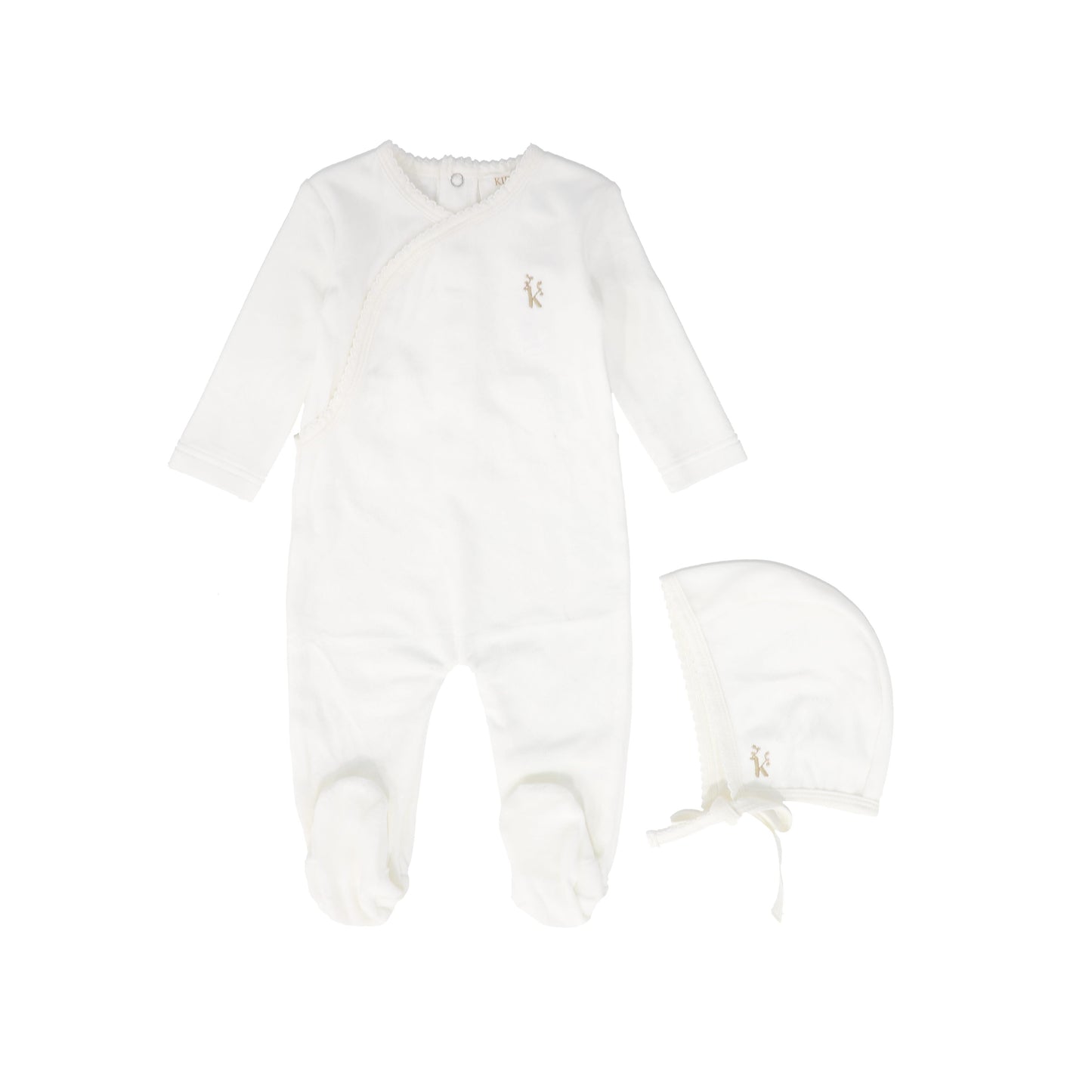 KIPP WHITE/TAUPE VELOUR LOGO FOOTIE SET