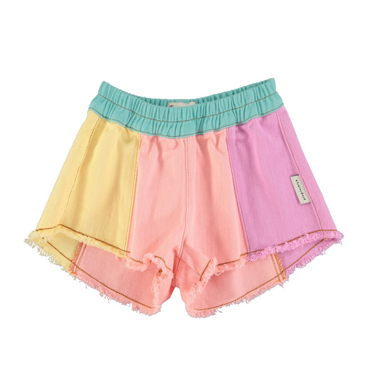 PIUPIUCHICK TEAL DENIM COLOR BLOCK SHORTS