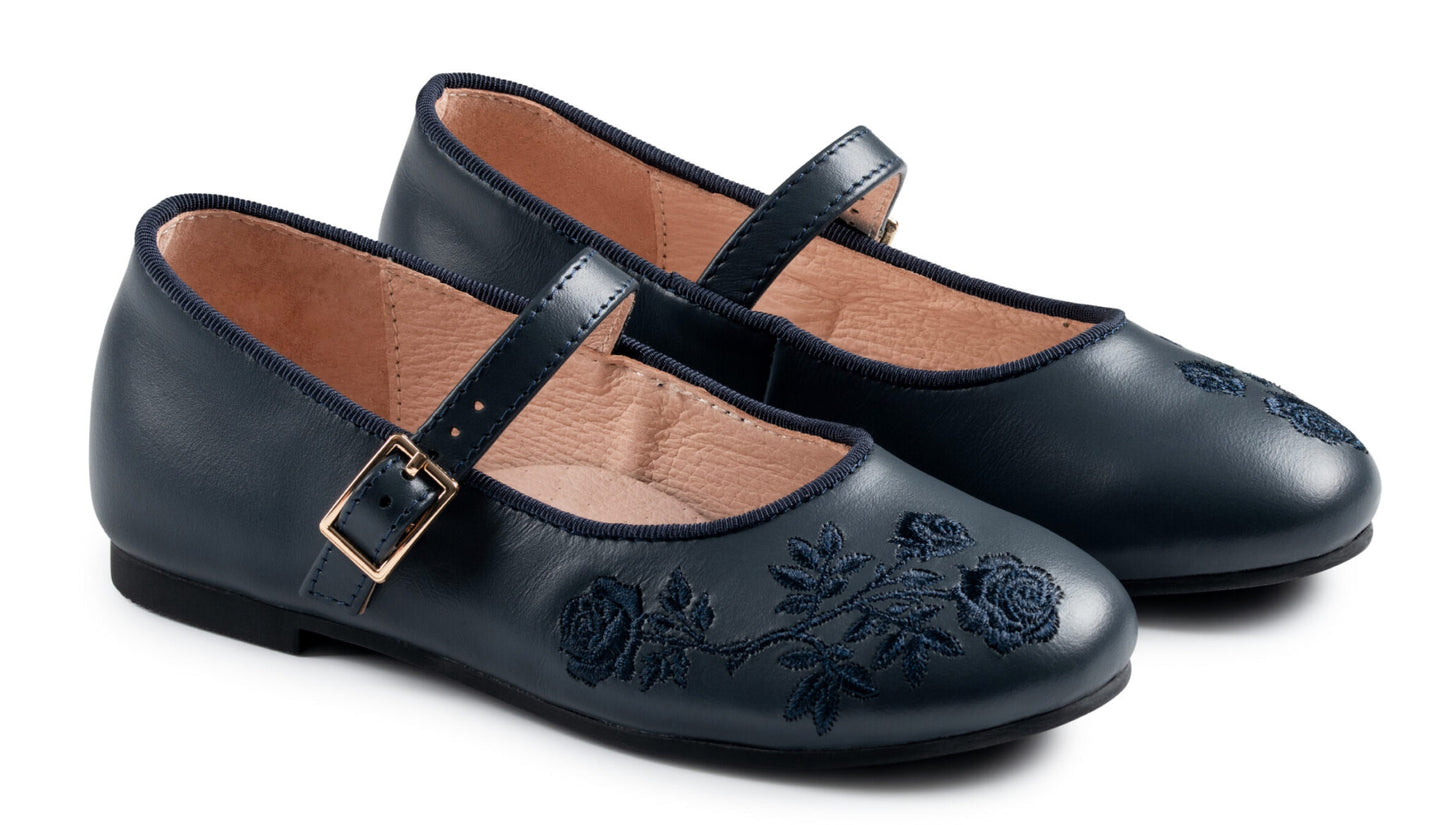 RAYBELLE NAVY LEATHER EMBROIDERED MARY JANES