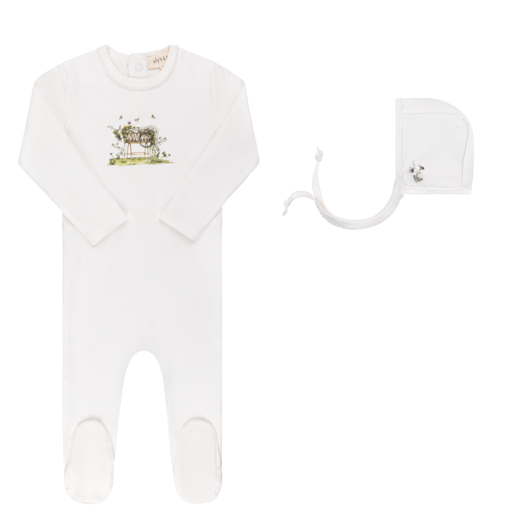 ELY'S & CO IVORY GIRLS CRADLE FOOTIE + BONNET