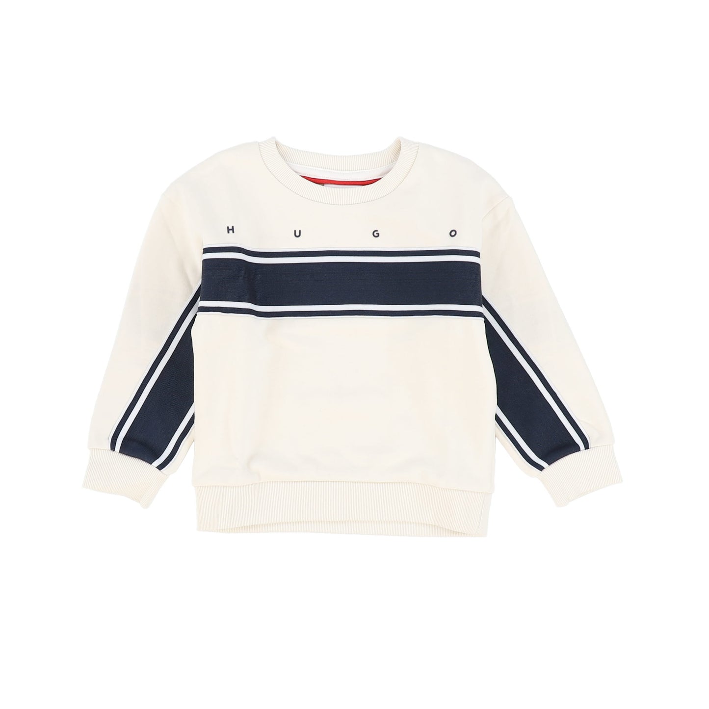 HUGO CREAM/NAVY VARSITY STRIPE SWEATSHIRT