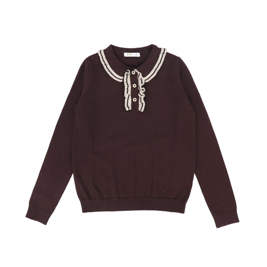 COCO BLANC BURGUNDY RUFFLE TRIM COLLAR KNIT SWEATER