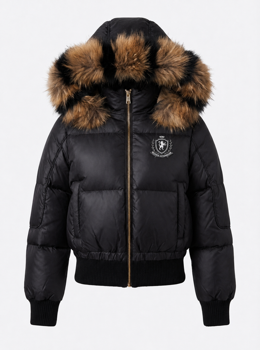 SCOTCH BONNET BLACK/NATURAL STRIPED FUR TRIM PUFFER COAT