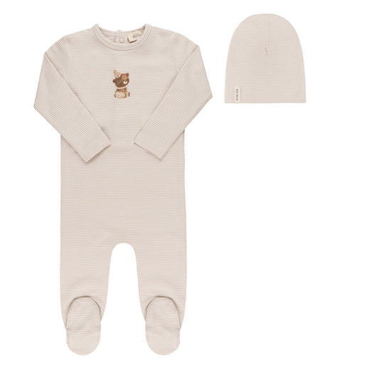 ELY'S & CO TAN STRIPED BEAR PATCH FOOTIE + BEANIE