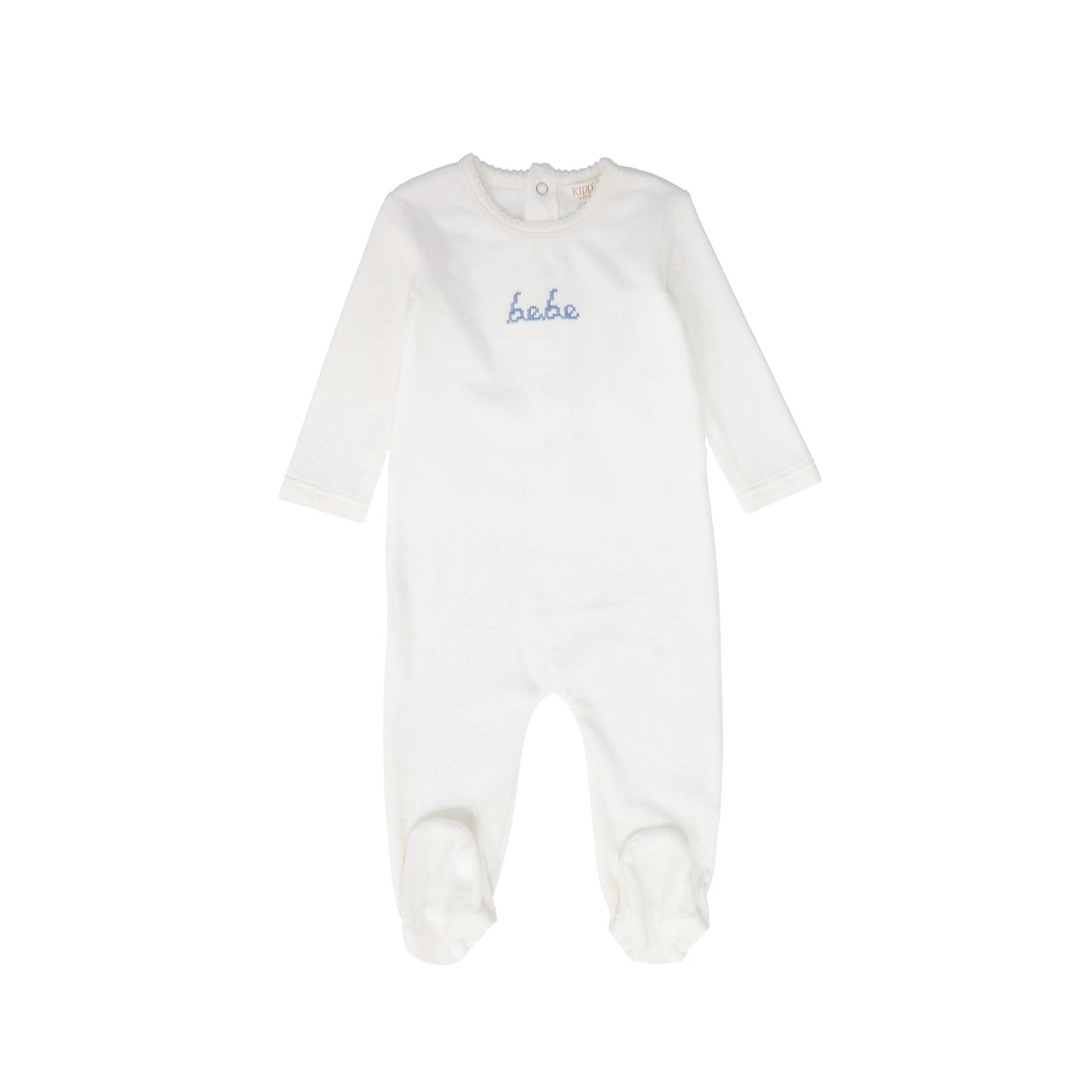 KIPP WHITE/BLUE VELOUR BEBE WORDED FOOTIE