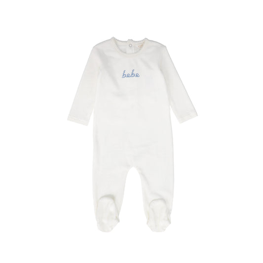 KIPP WHITE/BLUE VELOUR BEBE WORDED FOOTIE