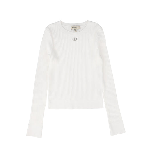 TWINSET WHITE RIBBED SILK KNIT SWEATER