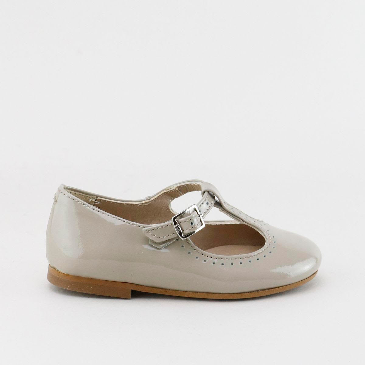 PAPANATAS TAUPE PATENT LEATHER ROUNDED T-STRAP SHOE