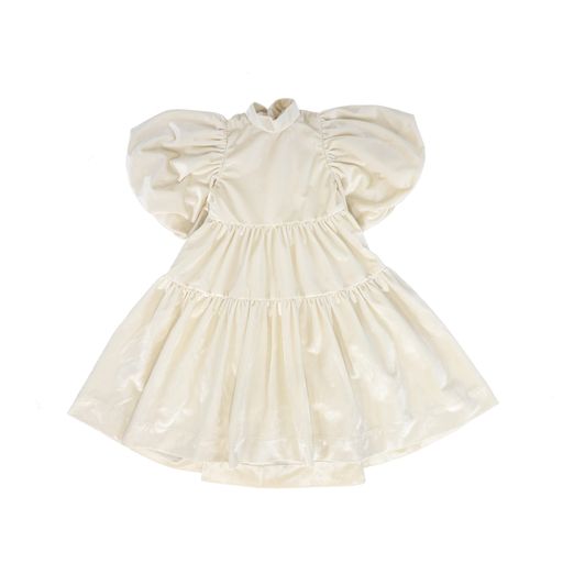 MUMMYMOON IVORY VELVET WAISTED PUFF SLEEVE DRESS [Final Sale]