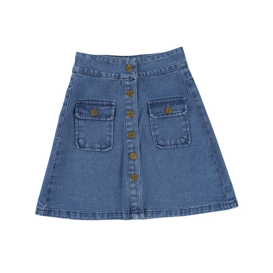 BAMBOO DENIM BUTTON DOWN POCKET A LINE SKIRT [Final Sale]