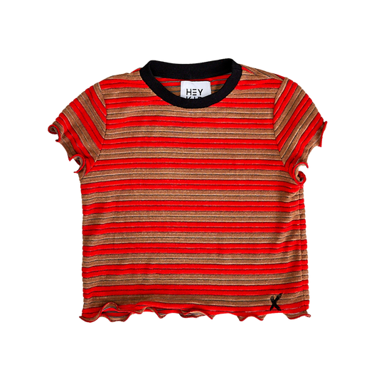 HEY KID RED/BROWN STRIPED TERRY LETTUCE EDGE TEE [Final Sale]