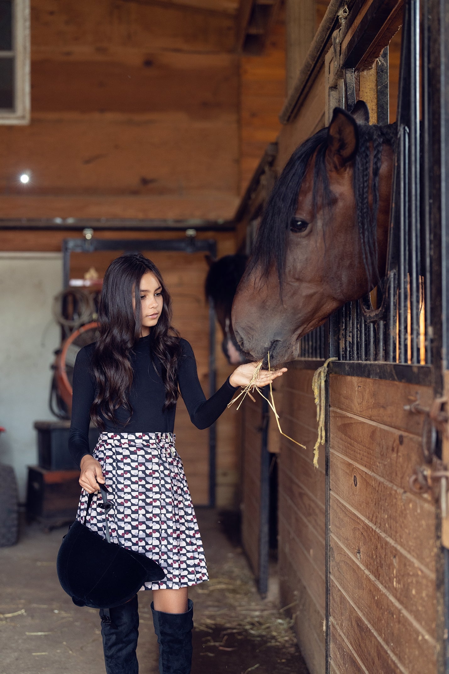 Bamboo Black Abstract Print Double Buckle Pleated Skirt [Final Sale]