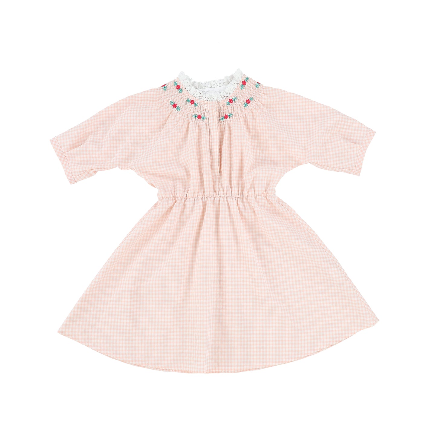 LILOU PINK CHECKERED LACE COLLAR WAISTED DRESS [Final Sale]