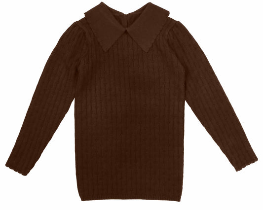 Belati Brown Pointelle Knit Collared Sweater [Final Sale]