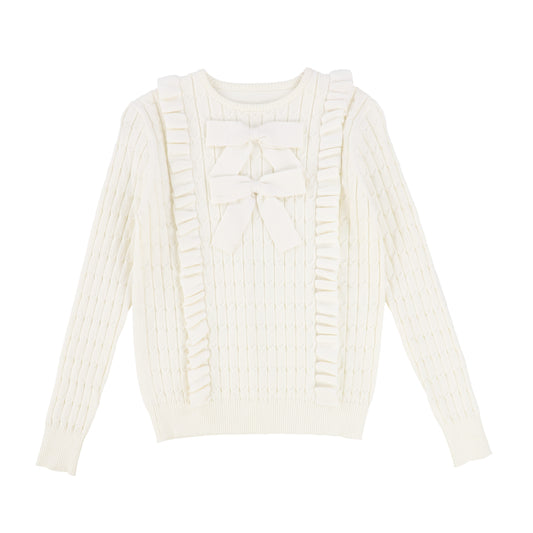 Mallory And Merlot Ivory Bow Detail Ruffle Knit Sweater [Final Sale]