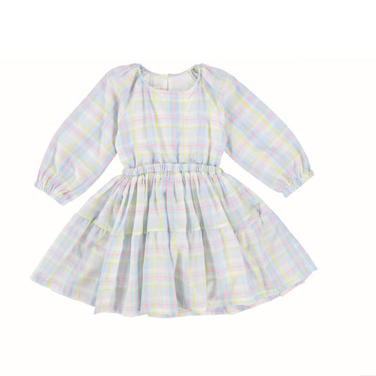 COSMOSOPHIE PASTEL BLUE PLAID WAISTED TIERED DRESS [Final Sale]