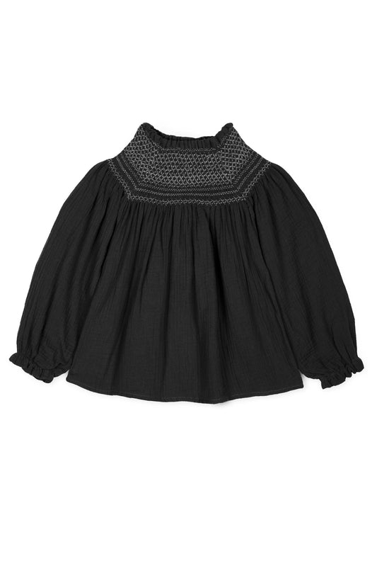 Mipounet Black Smocked Puff Sleeve Muslin Top [Final Sale]