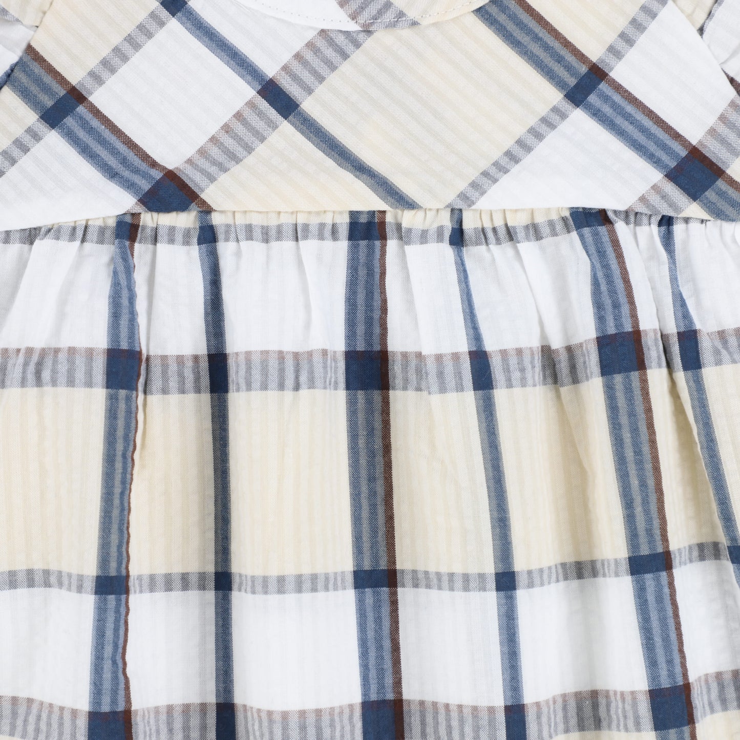 My Little Cozmo Beige Blue Plaid Puff Sleeve Dress [Final Sale]