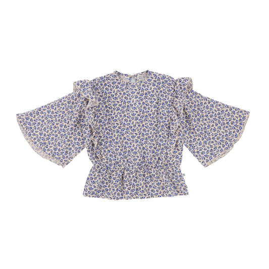 REPOSE BLUE FLORAL ALL OVER PRINT RUFFLE BLOUSE [Final Sale]