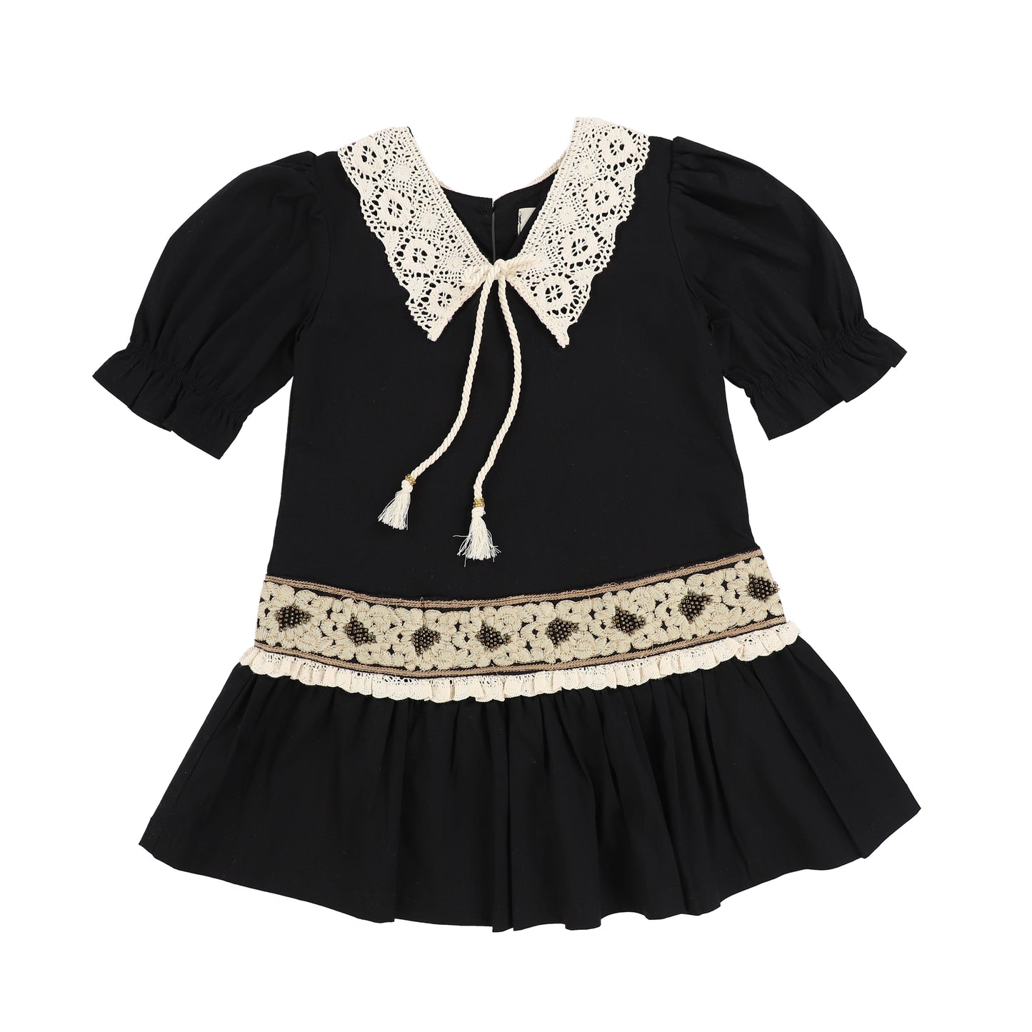 RKIDDS BLACK LACE TRIM TASSLE DRESS [Final Sale]