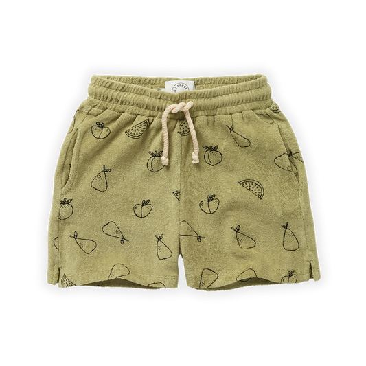 SPROET & SPROUT OLIVE GREEN TUTTI FRUTTI PRINT TERRY SHORTS [Final Sale]