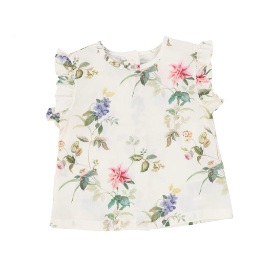 Babe And Tess Cream Floral Print Ruffle Top [Final Sale]