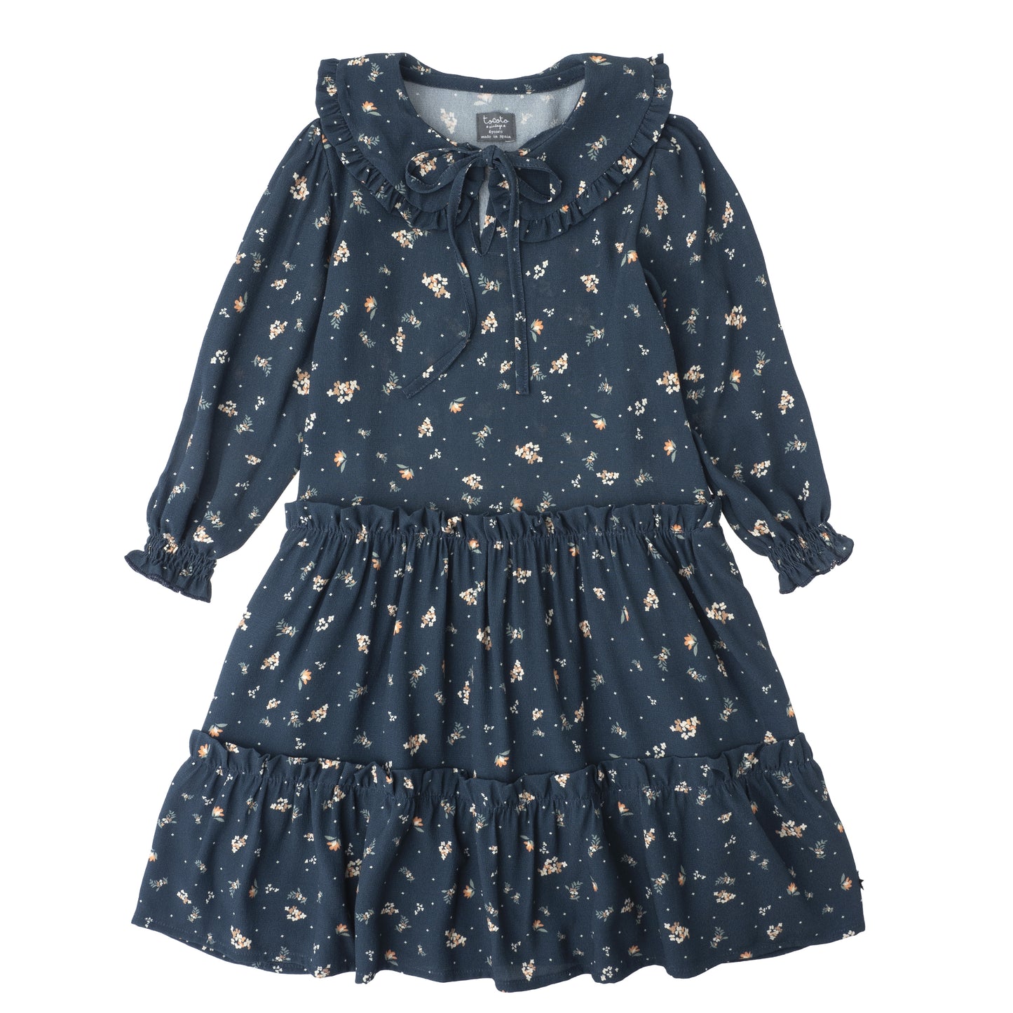 Tocoto Vintage Forest Green Floral Ruffe Collar Tiered Dress [Final Sale]